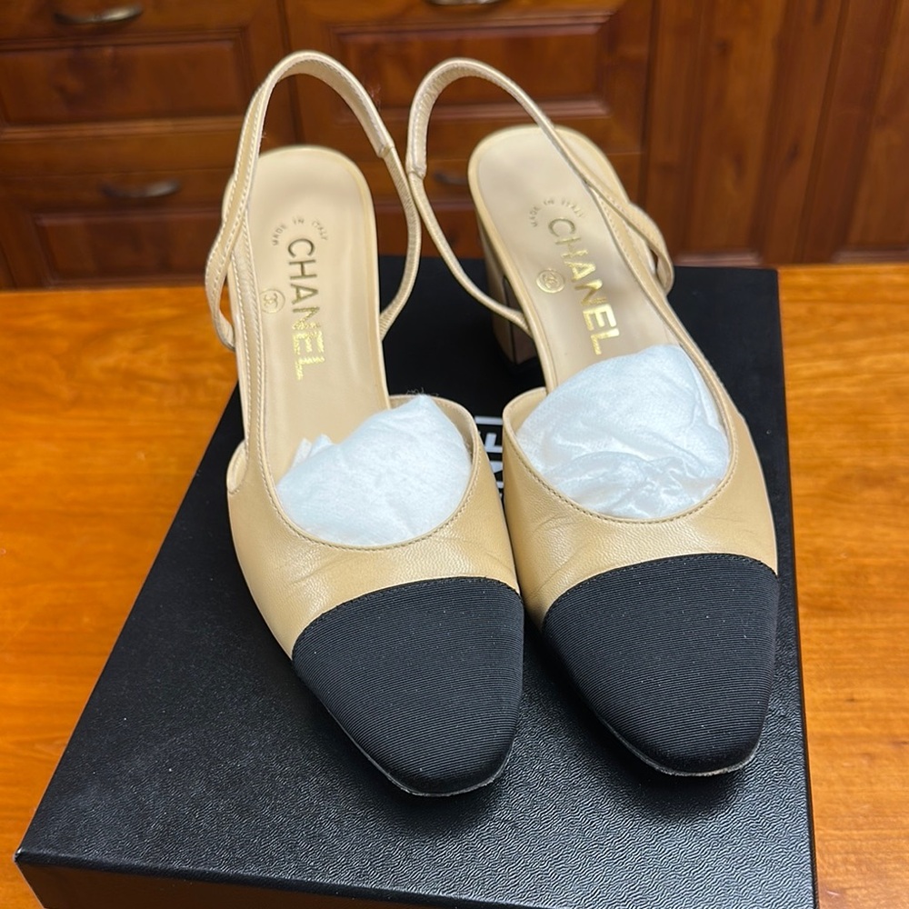 Chanel Beige and Black Women's Slingback Shoes